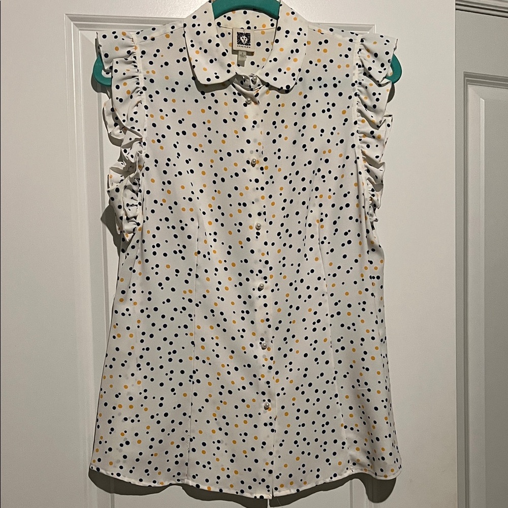 Anne Klein White Blouse with Black and Yellow Dots